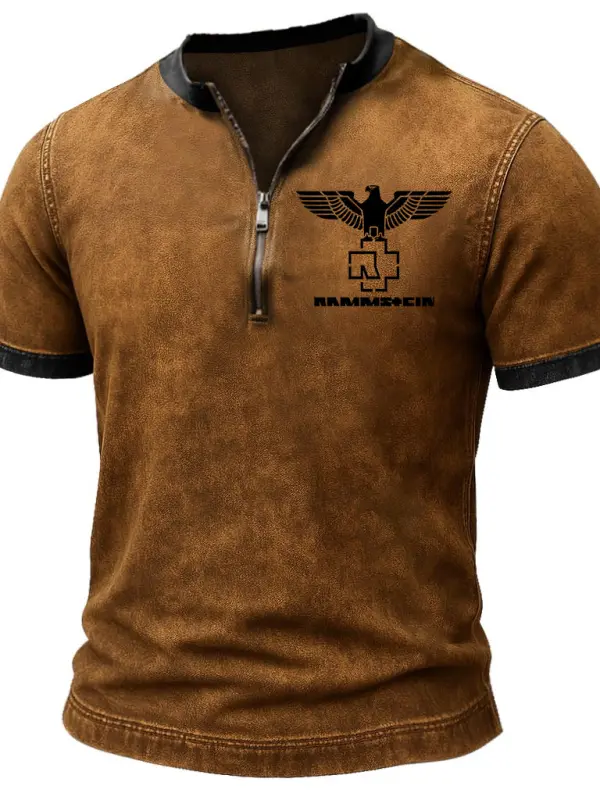 Men's Vintage Rock Band Eagle Print Zipper Henley Short Sleeve T-Shirt - Simplyion.com 