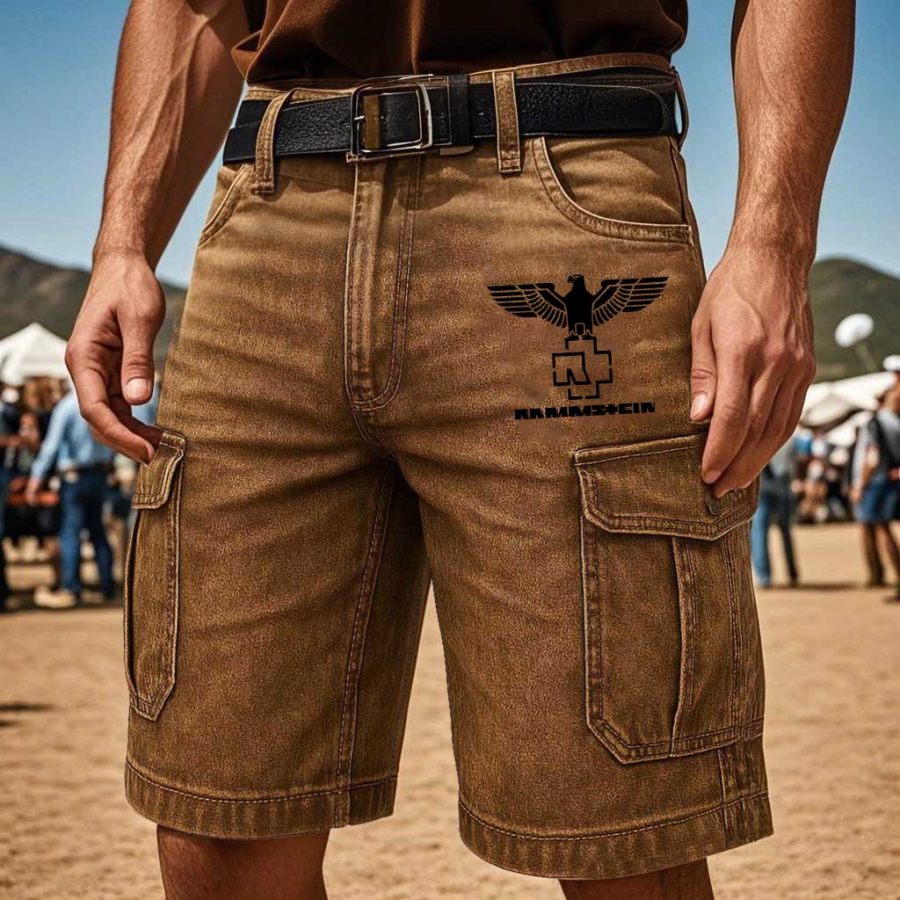 

Men's Vintage Rammstein Rock Band Eagle Distressed Multi-Pocket Cargo Shorts