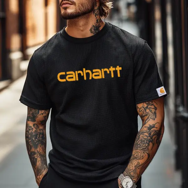 Men's Vintage Waffle Knit Surf Black Short Sleeve Crew Neck T-Shirt - Yesunshine.com 