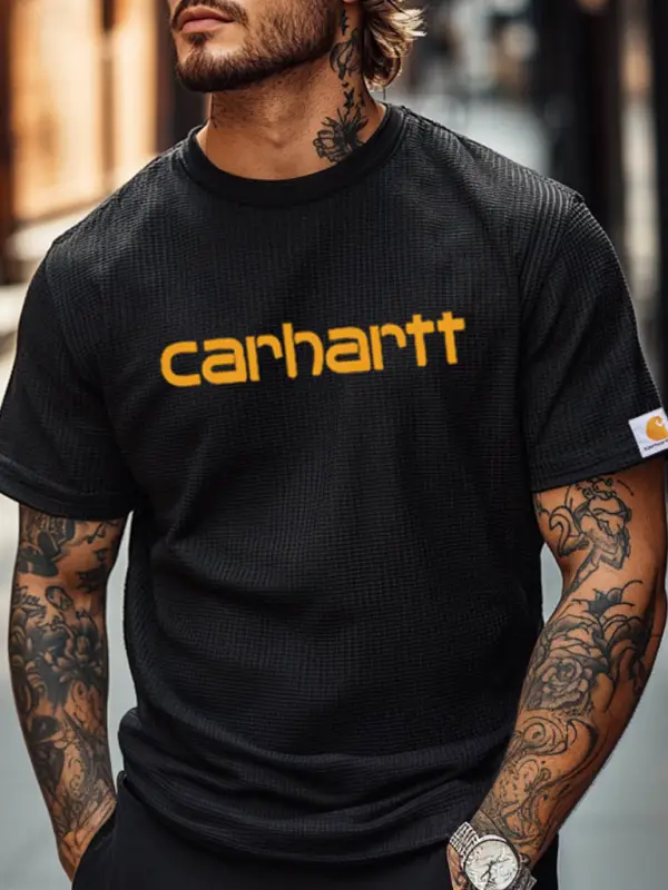 Men's Vintage Waffle Knit Surf Black Short Sleeve Crew Neck T-Shirt - Pragmaace.com 