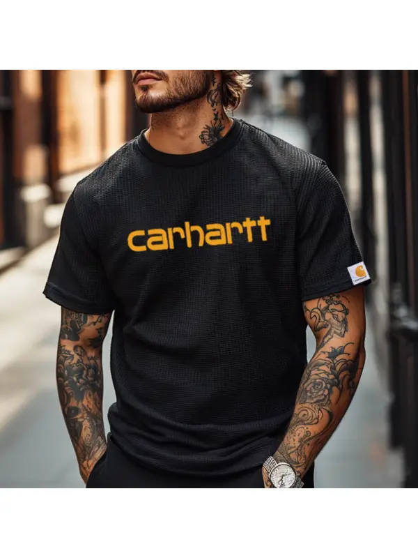 Men's Vintage Waffle Knit Surf Black Short Sleeve Crew Neck T-Shirt - Ootdmw.com 