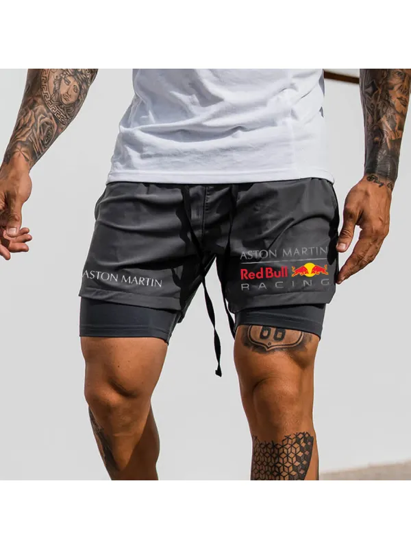 Men's Racing Print Double Layer Sports Shorts - Aptkoi.com 