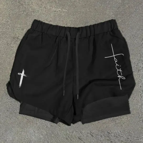 Funbibi Faith Cross Print Double Layer Quick Dry Shorts - Yesunshine.com 