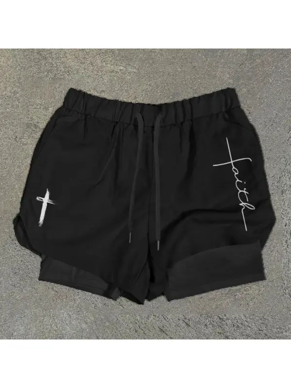 Funbibi Faith Cross Print Double Layer Quick Dry Shorts - Aptkoi.com 