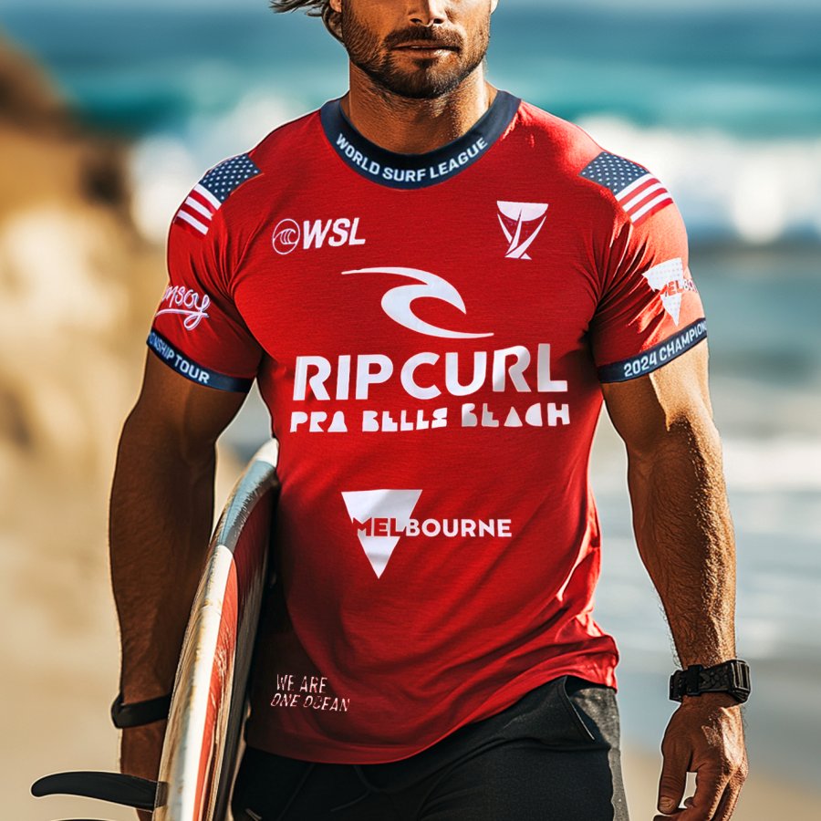 

Men's Casual Pro Bells Beach Jersey Print Surf T-shirt Red