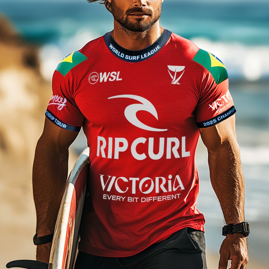 

Men's Casual Pro Bells Beach Jersey Print Surf T-shirt Red