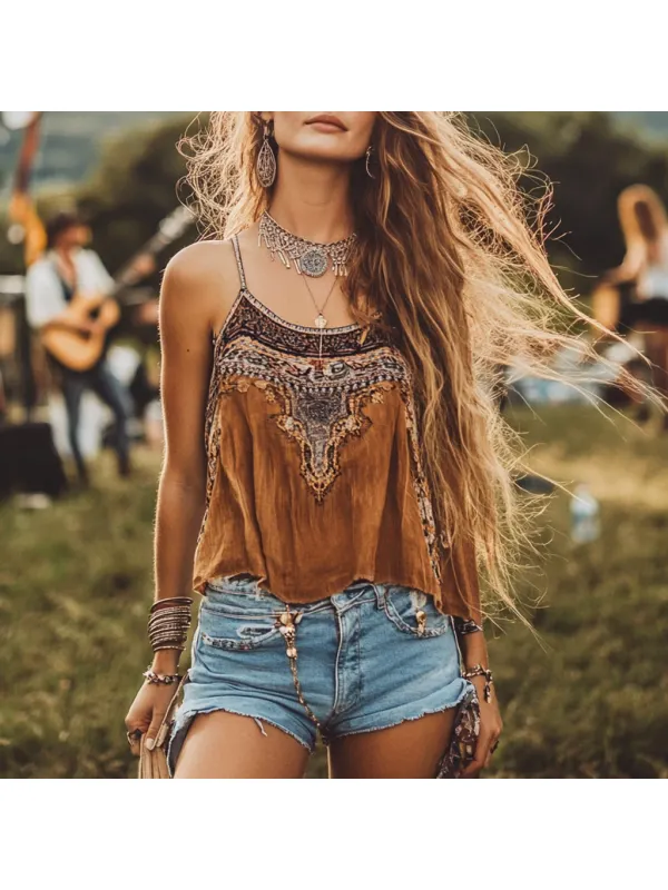 Retro Bohemian Music Festival Ethnic Holiday Style Brown Vest Top - Aptkoi.com 