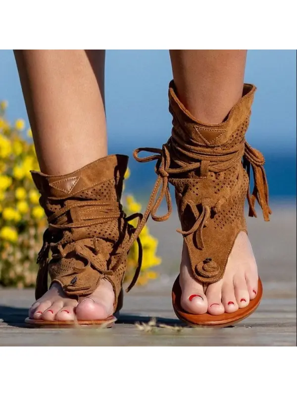 Women's Retro Western Bohemian Mesh Clip-toe Tassel High-top Roman Sandals - Shopyiyistories.com 