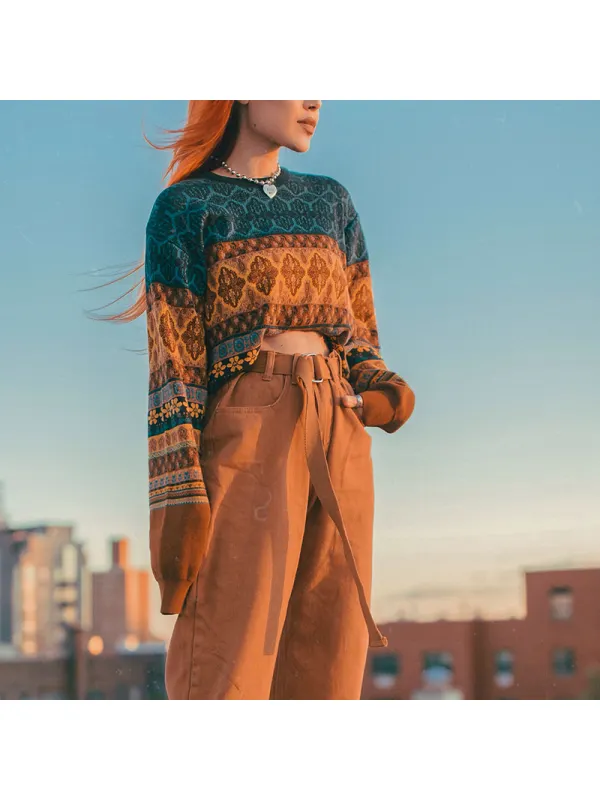 Women's Casual Round Neck Printed Color Lumbar Short Sweater - Aptkoi.com 