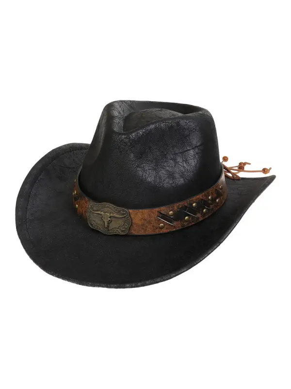 Classic Western Cowboy Hat With Distressed Finish And Bull Skull Buckle - Shopyiyistories.com 