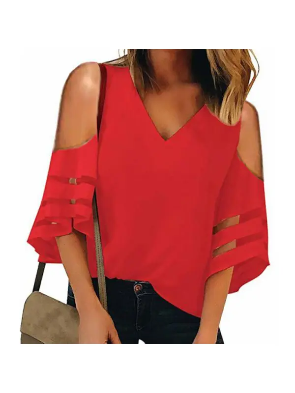 V-Neck Strapless Shoulder Patchwork T-Shirt - Shopyiyistories.com 