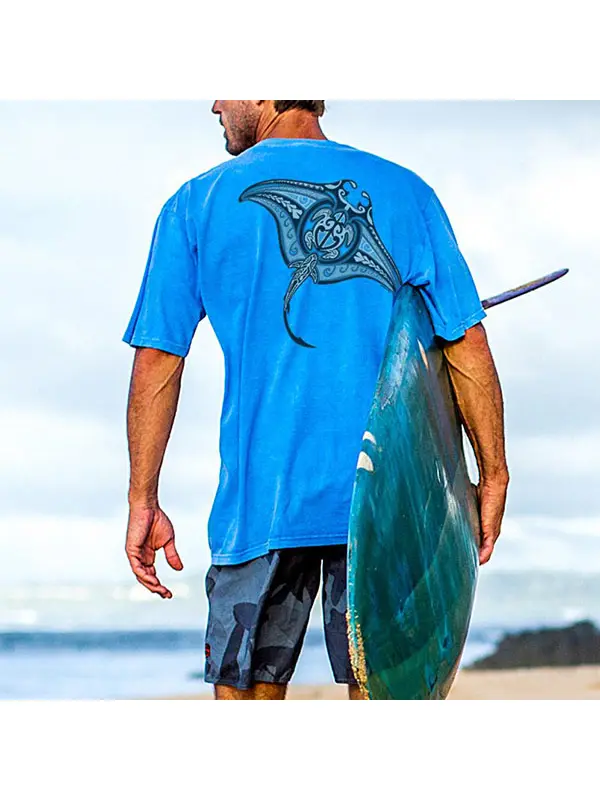 Short Sleeved Blue Hawaiian Classic Round Neck T-shirt - Aptkoi.com 