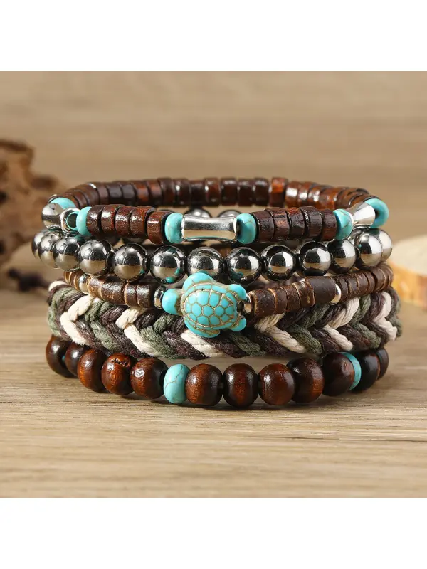 Men's Vintage Turquoise Turtle Multi-Layered Wood Bead Bracelet - Shopyiyistories.com 
