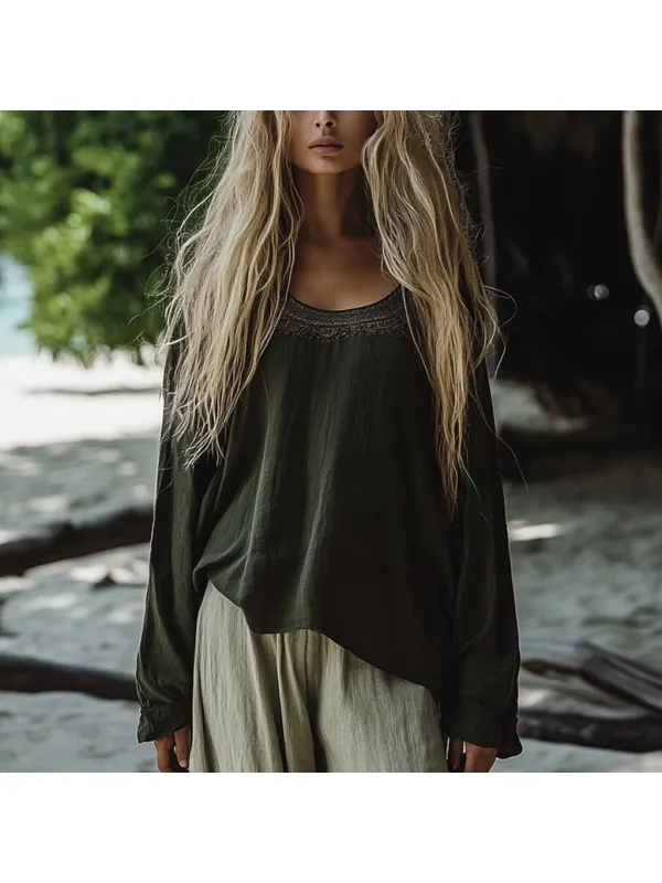 Vintage Bohemian Beach Vacation Linen Long-sleeved Top - Shopyiyistories.com 