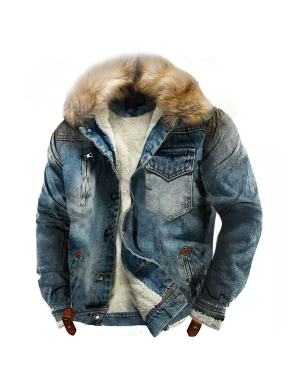Men's Sherpa Fleece Lined Distressed Denim Trucker Jacket - Aptkoi.com 
