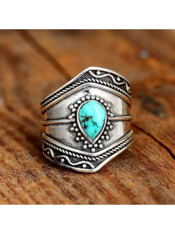Bohemian Vintage Turquoise Teardrop Shape Irregular Ring - Aptkoi.com 