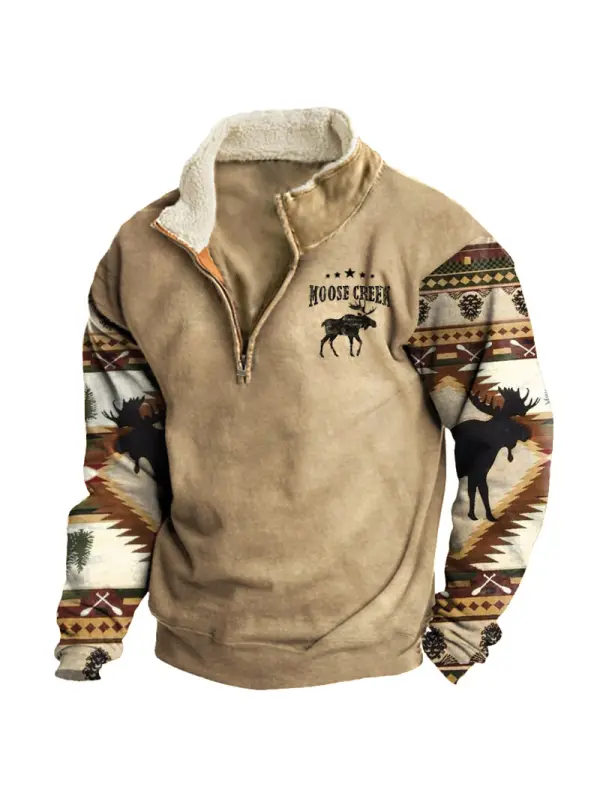 Men's Sweatshirt Retro Moose Creek Ethnic Print Plush Half Open Collar Pullover - Aptkoi.com 