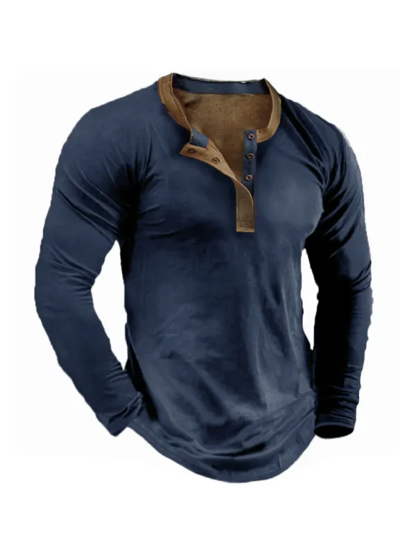 Men's Vintage Long Sleeve Henley T-Shirt - Aptkoi.com 