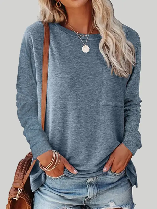 Round Neck Long Sleeve Casual Loose Ladies T-Shirt - Aptkoi.com 