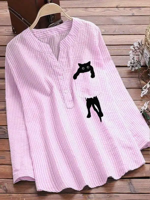 V-neck Cotton And Linen Striped And Cat Print Long Sleeve Blouse - Aptkoi.com 