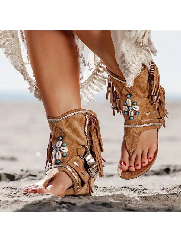 Women's Retro Western Style Tassel Flat-soled Thong Sandals - Shopyiyistories.com 