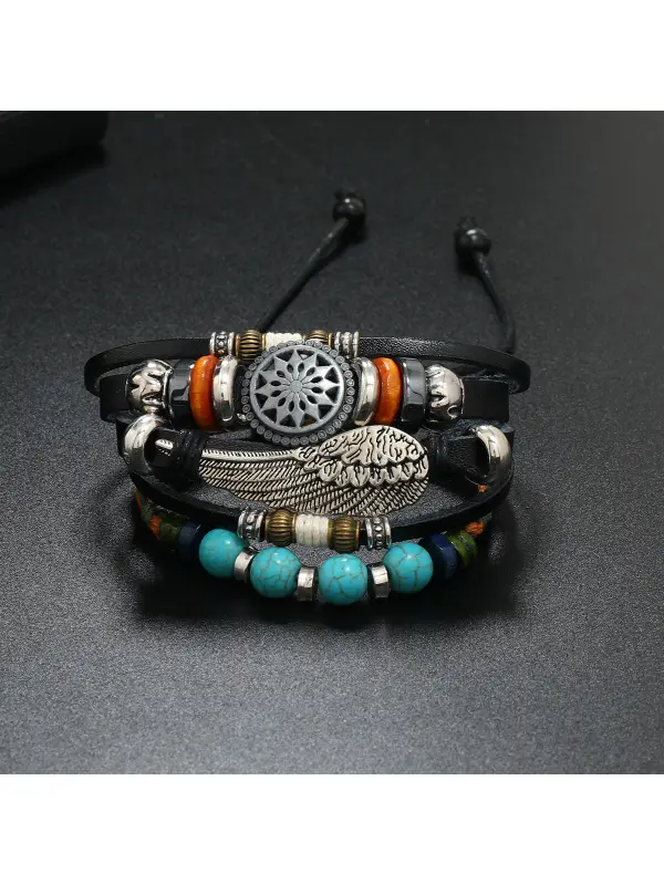 Bohemian Multi-layer Beaded Cowhide Braided Alloy Feather Leather Bracelet - Aptkoi.com 