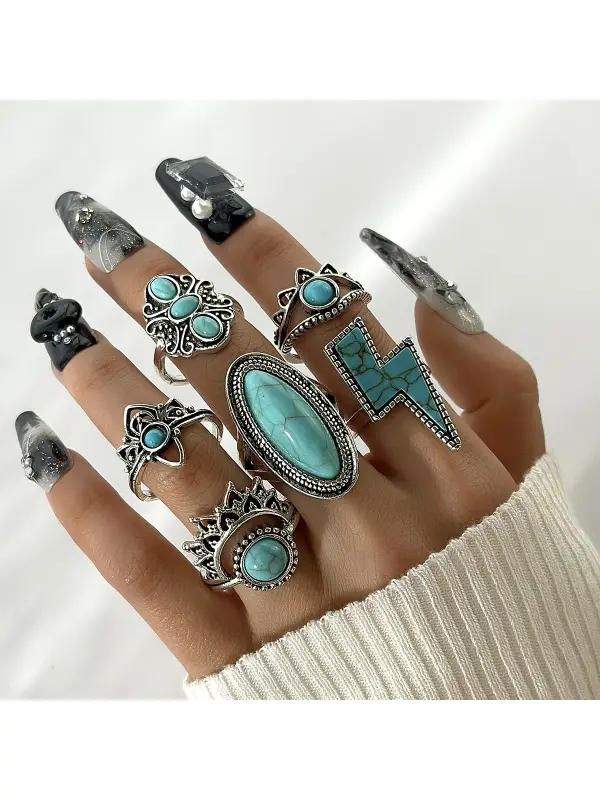 Bohemian Vintage Turquoise Cross Lightning Ring Set - Shopyiyistories.com 