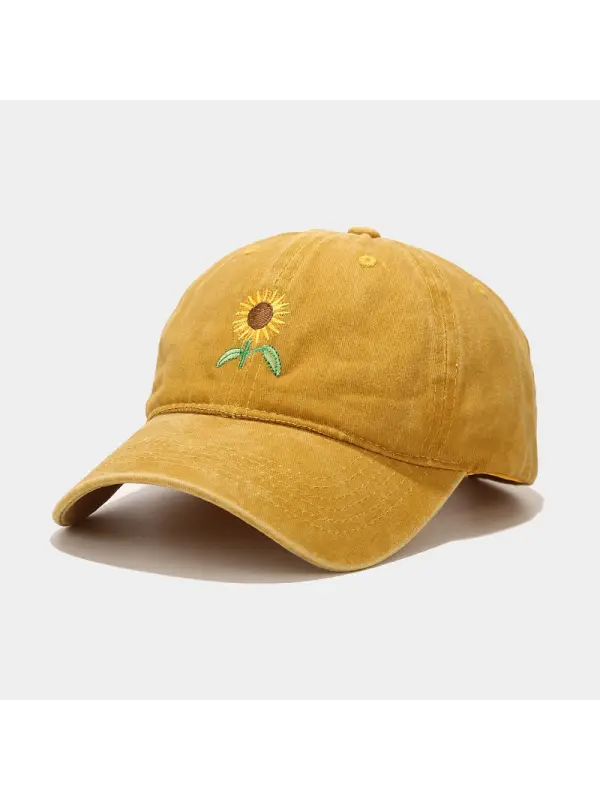Vintage Washed Sunflower Embroidered Hat - Aptkoi.com 