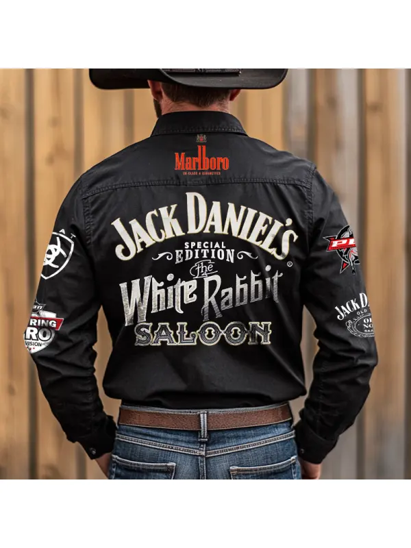 Men's Vintage Western Cowboy Whiskey Eagle Long Sleeve Rodeo Black Shirts - Aptkoi.com 