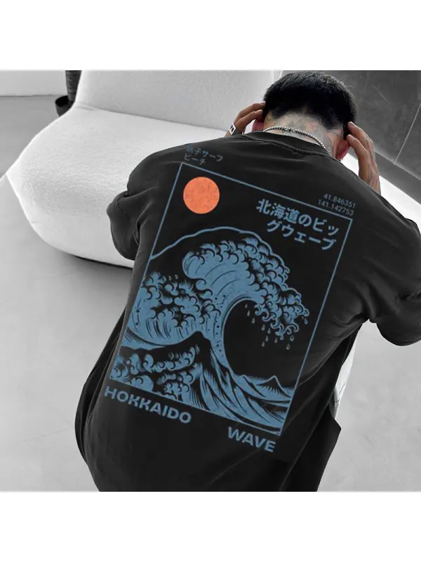 Unisex Vintage Japanese Big Wave Hokusai Print Street Style T-Shirt - Aptkoi.com 
