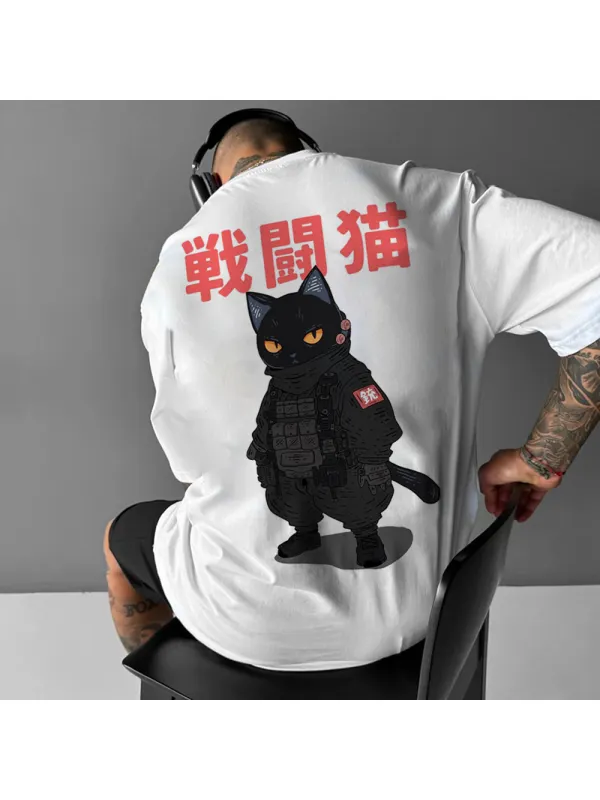 Japanese Combat Cat Oversized Unisex Casual T-shirt - Aptkoi.com 