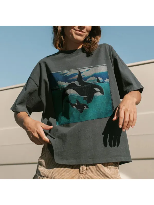 Summer Retro Surf Marine Life Printed Casual Tee - Aptkoi.com 
