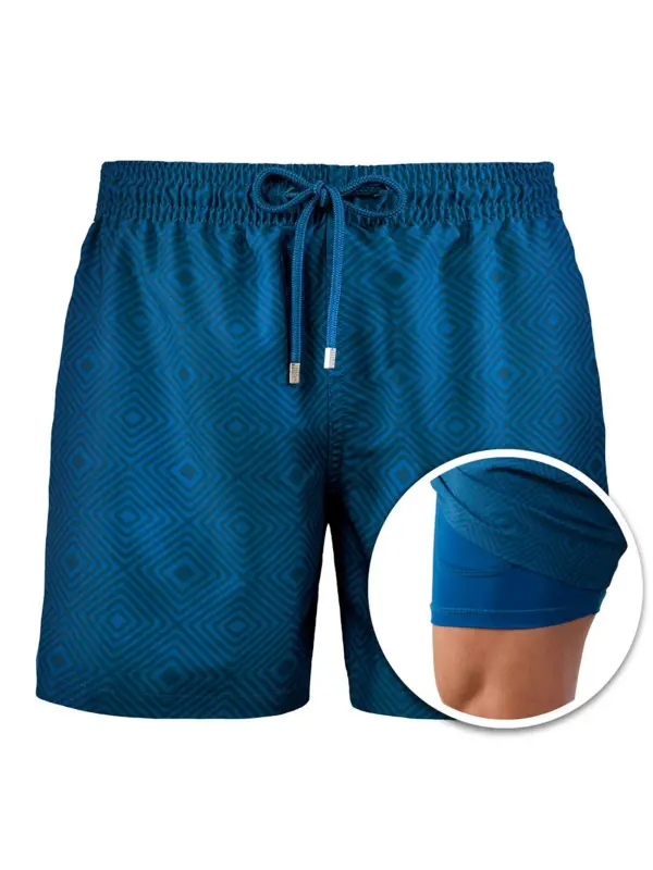 Men's Hawaiian Resort Print Double Layer Beach Shorts - Aptkoi.com 