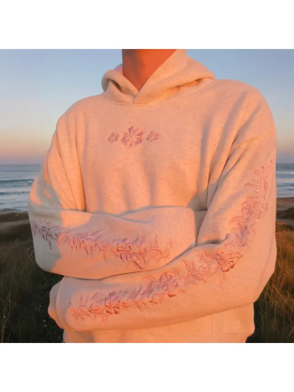 Women's Hibiscus Flower Embroidery Hoodie - Aptkoi.com 