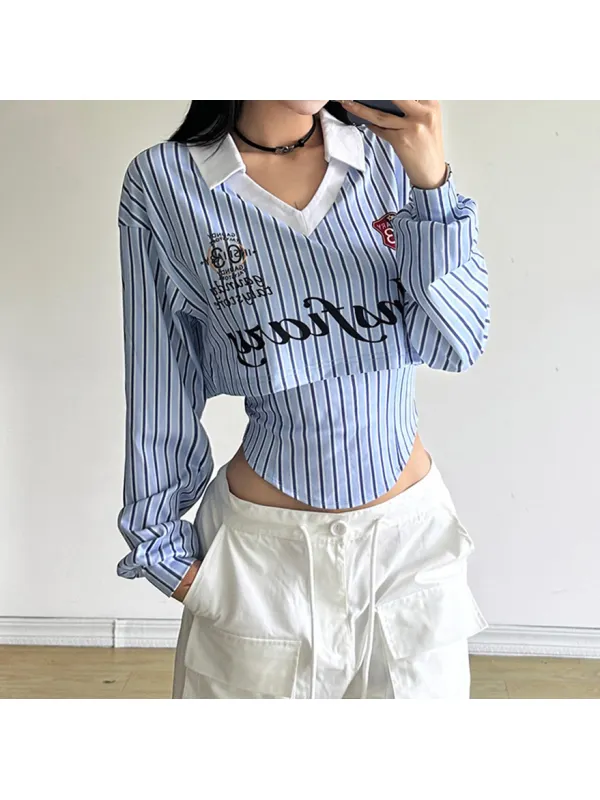 Women's Striped Slim Fit Fashion Lapel Printed Long Sleeve Top Two-piece Set - Aptkoi.com 