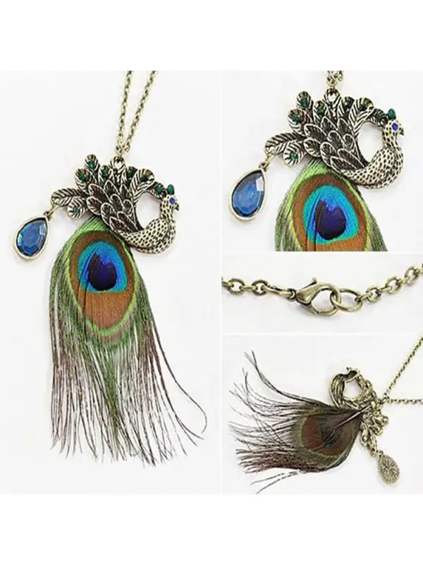 Bohemian Vintage Peacock Feather Necklace - Aptkoi.com 