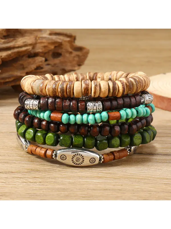 Men's Vintage Alloy Multi-layer Wooden Bead Bracelet - Aptkoi.com 