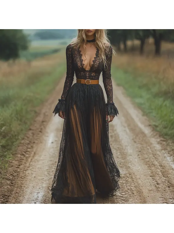 Retro V-neck Lace Women's Long-sleeved Dress Pastoral Style Lace Retro Long Dress - Geocici.com 