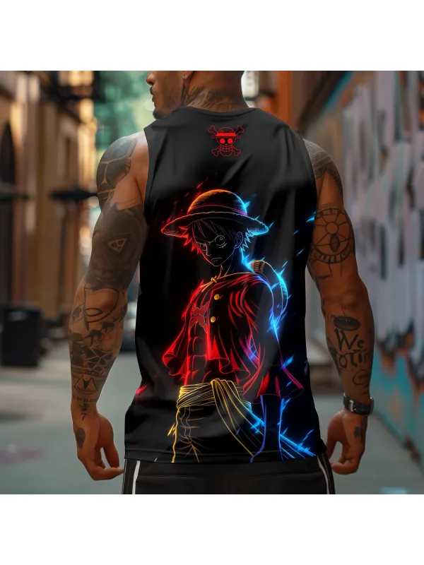 Men's Sports Fitness Anime Logo Pirate Straw Hat Printed Casual Vest - Aptkoi.com 