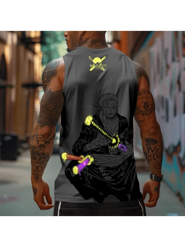 Men's Sports Fitness Anime Logo Pirate Straw Hat Printed Casual Vest - Aptkoi.com 