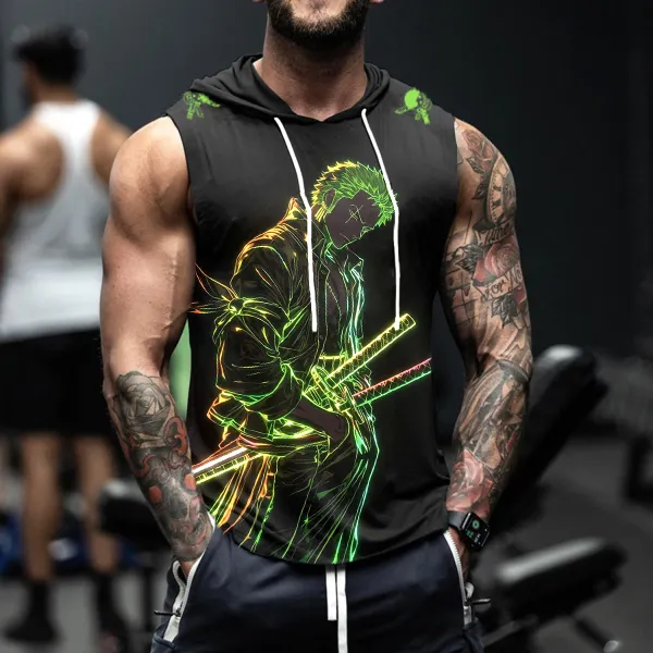 Men's Sports Fitness Anime Logo Pirate Straw Hat Printed Casual Hooded Vest - Ootdyouth.com 