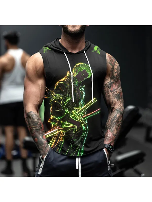 Men's Sports Fitness Anime Logo Pirate Straw Hat Printed Casual Hooded Vest - Aptkoi.com 