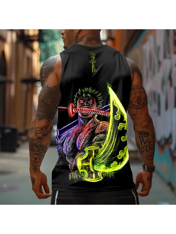 Men's Sports Fitness Anime Logo Pirate Straw Hat Printed Casual Vest - Aptkoi.com 