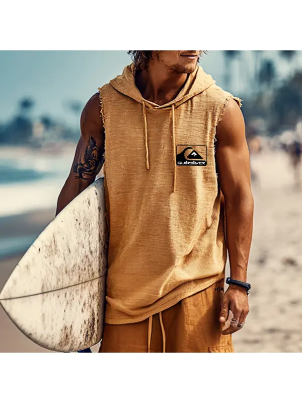Men's Casual Summer Beachwear: Yellow Hooded Sleeveless Top - Aptkoi.com 
