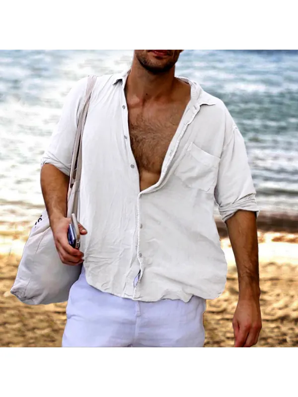 Men's Lapel Pocket Cotton Linen Blend Shirt - Aptkoi.com 