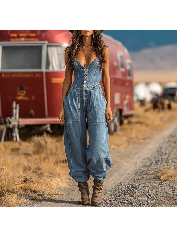 Women's Western Cowboy Style Outdoor Casual Denim Jumpsuit Trousers - Aptkoi.com 