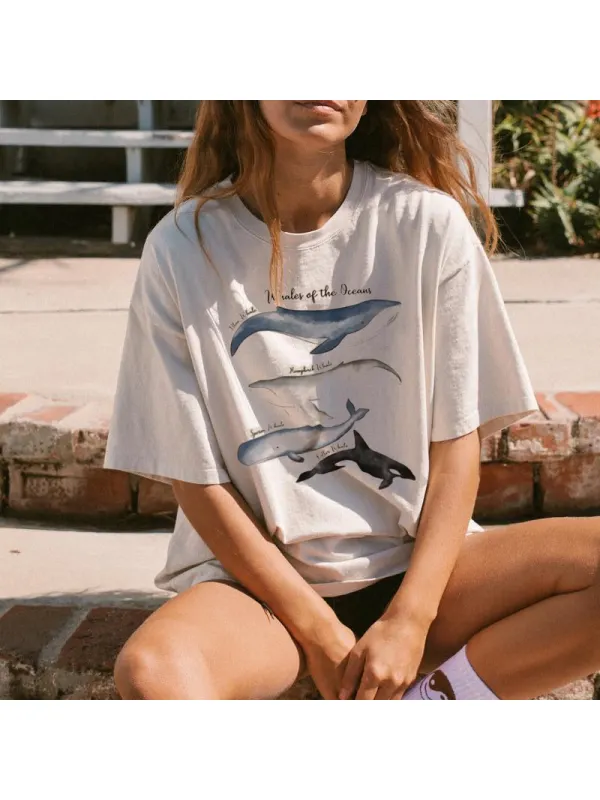 Summer Retro Surf Marine Life Printed Casual Tee - Aptkoi.com 