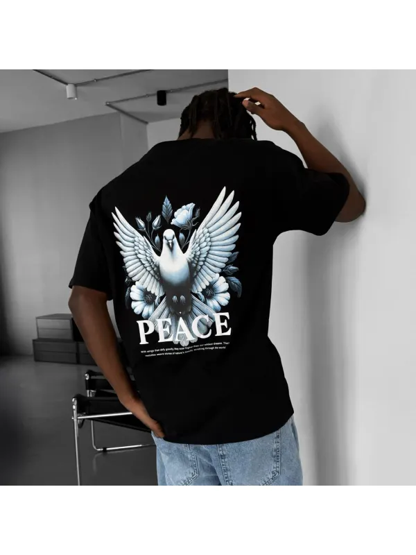 Men's Peace Dove Letters Printed Casual T-shirt - Aptkoi.com 