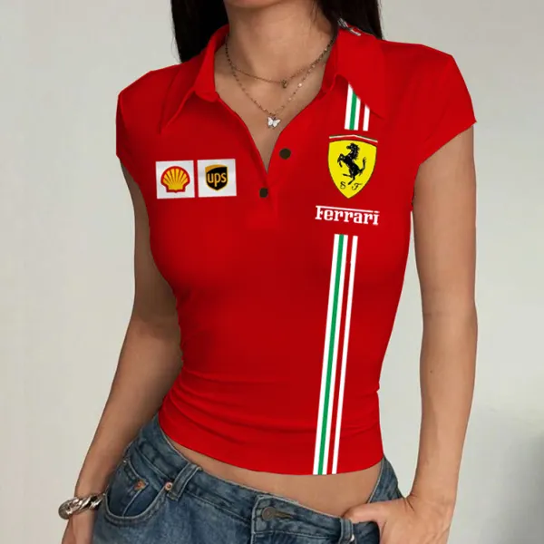 Women's Racing Logo Print Summer Polo Neck Slim Fit Short Sleeve T-Shirt - Wayrates.com 