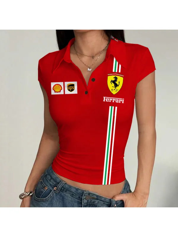 Women's Racing Logo Print Summer Polo Neck Slim Fit Short Sleeve T-Shirt - Aptkoi.com 